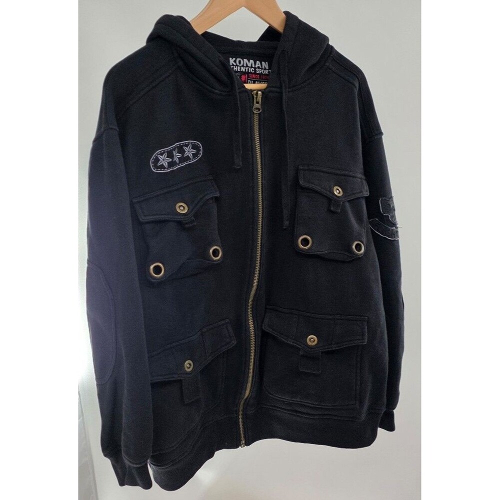 Y2K Koman "Authentic Sport" multi-pocket zip-up hoodie Streetwear